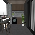 Modern Home Balcony With Wooden Bar Table Washing Machine Green Plants Glass Doors And Stools