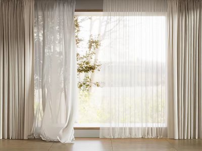 White Sheer Curtains Hanging By Window With Natural Light And Trees Outside 3d model