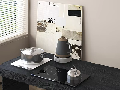 Kitchen Counter With Essential Kitchen Appliances Including Electric Kettle Pot And Induction Cooker 3d model