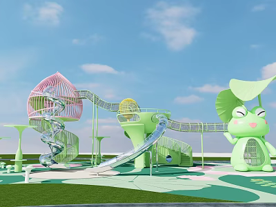 Colorful Children's Park Landscape With Pink Spiral Slide Green Slide Structure And Cartoon Frog 3d model