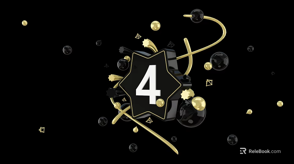 Abstract Design With Black Background Featuring Number 4 Gold Spheres Geometric Shapes And Lines 3d model 