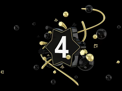 Abstract Design With Black Background Featuring Number 4 Gold Spheres Geometric Shapes And Lines 3d model