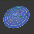 Abstract Blue And Purple Disc Model With Concentric Circles White Cubes And Central Object