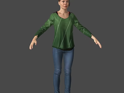 Casual Woman In Green Top And Blue Jeans With Arms Outstretched 3d model