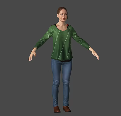 Casual Woman In Green Top And Blue Jeans With Arms Outstretched 3d model