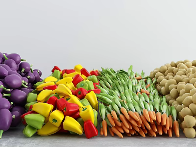Colorful Assorted Fresh Vegetables Including Eggplants Bell Peppers Asparagus Carrots Potatoes 3d model