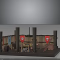 Medieval Workshop Interior With Wooden Pillars Red Banners Skull Symbols Workbench Tools And Crossbow