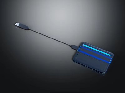 Portable USB Storage Device With Black Body Blue Stripe And Attached Cable 3d model