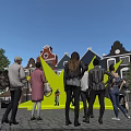 Yellow Star Shaped Installation With Live Band Performance And Colorful Buildings In Street Square
