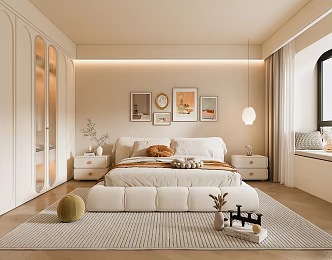 Modern Cream Style Home Bedroom Master Bedroom Fabric Double Bed Master Room Bedside Cabinet Wardrobe Bedset Combination 3d model