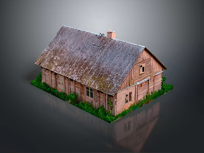Traditional Wooden Building Exterior With Thatch Roof And Green Grass Around 3d model
