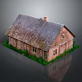 Traditional Wooden Building Exterior With Thatch Roof And Green Grass Around