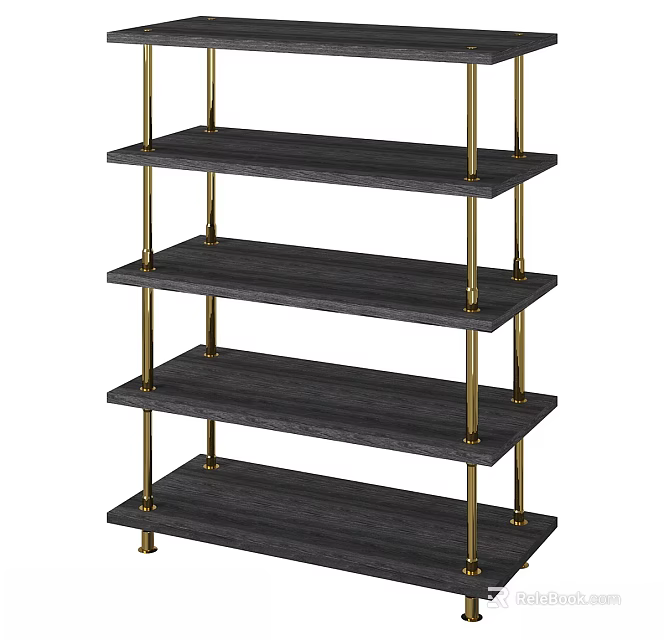 Elegant Dark Wood Shelving Rack With Golden Metal Supports And Four Tiers Design 3d model 
