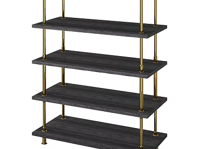 Elegant Dark Wood Shelving Rack With Golden Metal Supports And Four Tiers Design 3d model