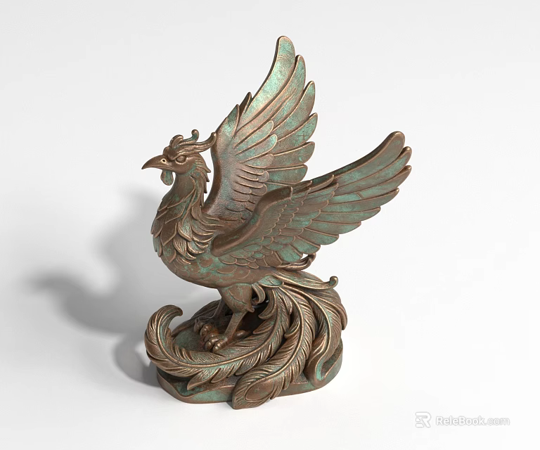 Bronze Phoenix Landscape Sculpture with Spread Wings and Intricate Feathered Base 3d model 