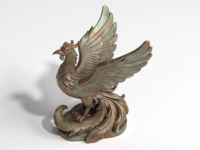 Bronze Phoenix Landscape Sculpture with Spread Wings and Intricate Feathered Base 3d model