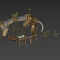 Kids Play Area With Wooden Climbing Frames Slides Swings And Green Grass