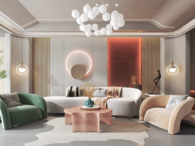 Modern Living Room Interior With Green Armchair Beige Sofa Round Coffee Table And Spherical Pendant Light 3d model