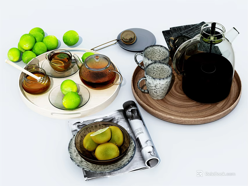 Elegant Glass Tea Set with Fresh Limes and Cups on Wooden Tray 3d model 