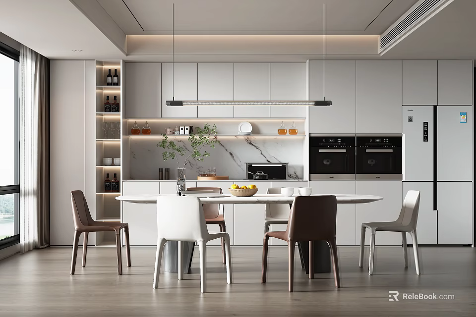 Modern Restaurant Interior With Open Kitchen Round Dining Table Pendant Lights And Mixed Chairs 3d model 