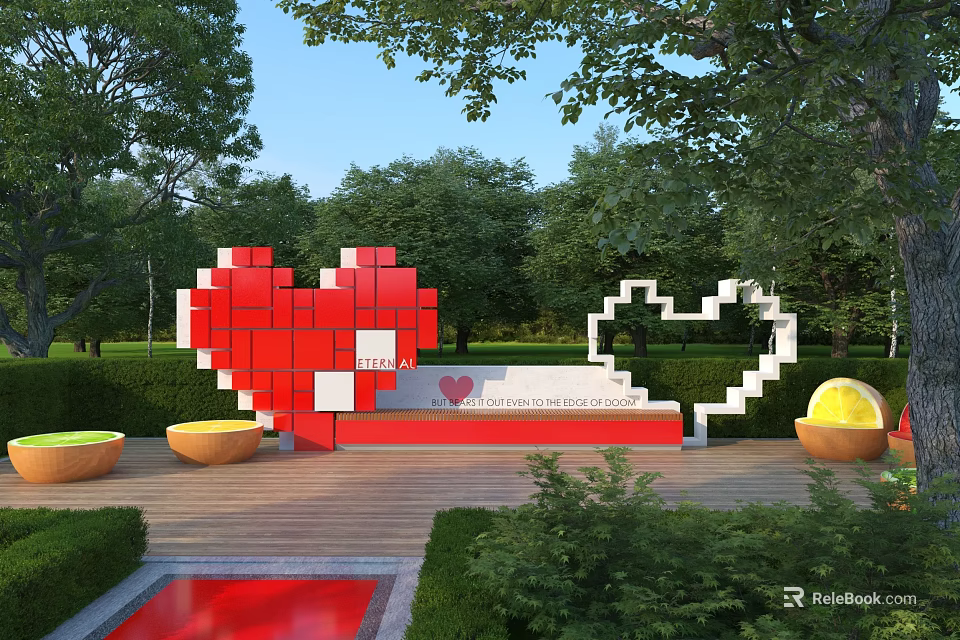 Heart Shaped Landscape Seat With Red White Decor In Garden Green Trees And Wooden Platform 3d model 