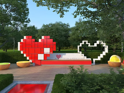 Heart Shaped Landscape Seat With Red White Decor In Garden Green Trees And Wooden Platform 3d model