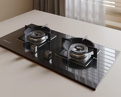 Modern Black Glass Gas Stove with Two Burners on Light Colored Kitchen Countertop 3d model