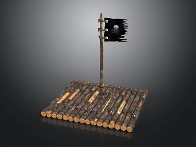 Simple Wooden Raft Water Transport With Logs And Black Skull Flag 3d model