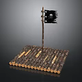 Simple Wooden Raft Water Transport With Logs And Black Skull Flag