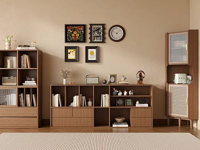Wooden Entryway Cabinet And Side Cabinet With Books Decorative Items Wall Art Clock And Storage 3d model