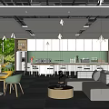 Modern Open Break Room With Green Plant Wall White Cabinets Bar Counter Sofa And Tables