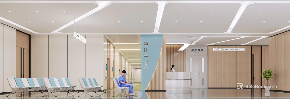 Emergency Center Interior With Waiting Area Chairs Reception Desk And People 3d model 