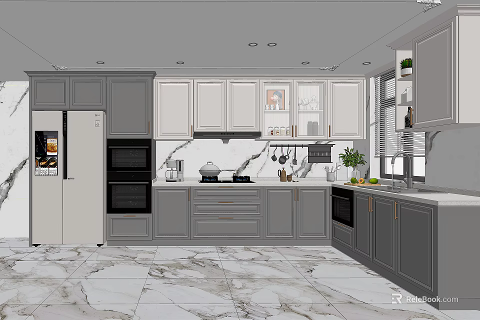 Modern Kitchen Interior With Gray White Cabinets Marble Flooring And Appliances 3d model 