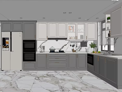 Modern Kitchen Interior With Gray White Cabinets Marble Flooring And Appliances 3d model