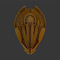 Ornate Golden Shield With Central Circular Ornament And Intricate Carvings