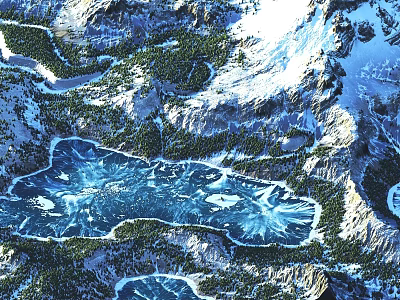 Stunning Natural Mountain Landscape With Snow Covered Peaks And Blue Ice Lake Surrounded By Forests 3d model