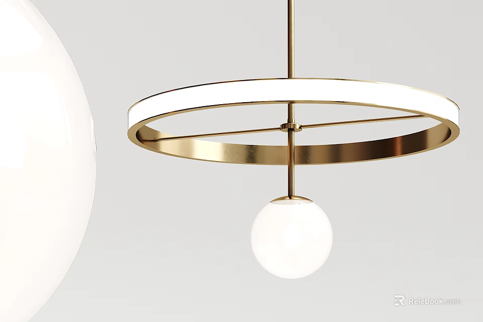 Sleek Modern Chandelier Featuring Circular Golden Ring And Suspended White Glass Globe Design 3d model 