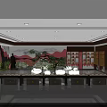 Traditional Exhibition Hall Interior With Landscape Wall Green Plants Display Counters And Bookshelves