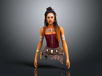 Stylish Women's Red Corset Outfit With Skull Decorated Belt And Golden Bracelets 3d model