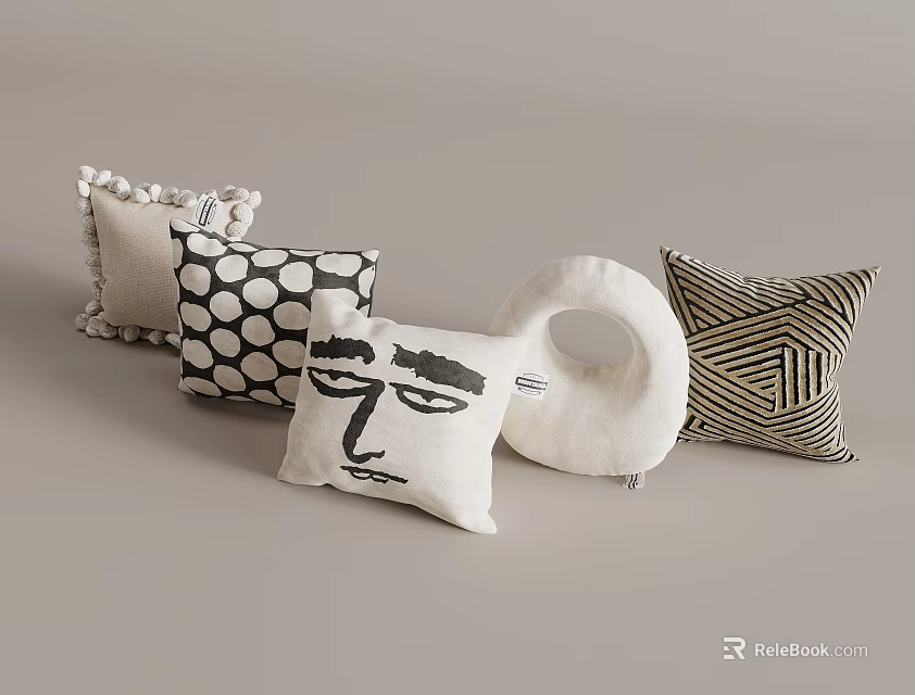 Modern Decorative Throw Pillows Featuring Polka Dot Face Print Ring Shaped And Geometric Patterns 3d model 