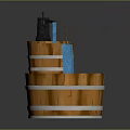 Wooden Tiered Water Fountain With Blue Flowing Stream And Metal Accents