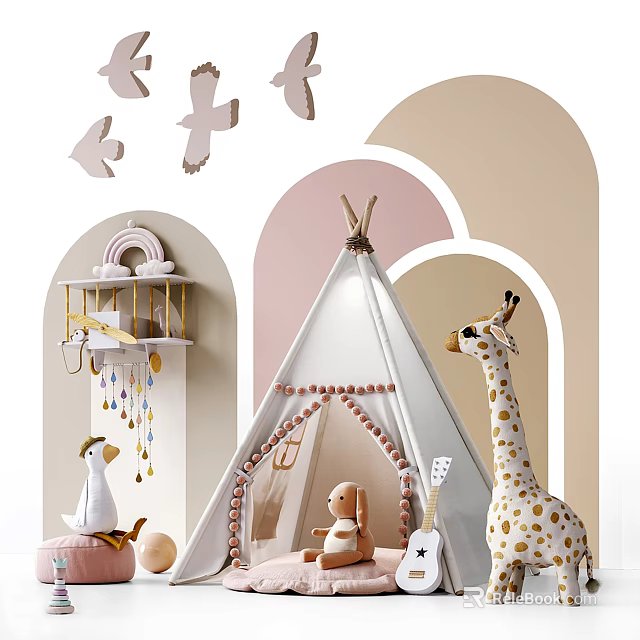 Kids Playroom With Teepee Tent Giraffe Puppy Toys Guitar And Rainbow Shelf Decor 3d model 