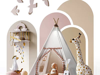 Kids Playroom With Teepee Tent Giraffe Puppy Toys Guitar And Rainbow Shelf Decor 3d model