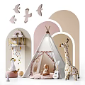 Kids Playroom With Teepee Tent Giraffe Puppy Toys Guitar And Rainbow Shelf Decor