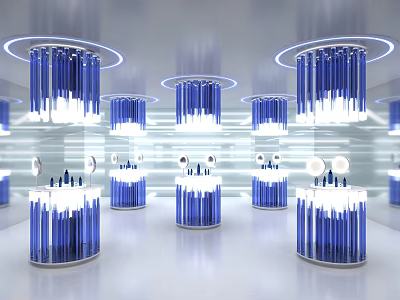 Modern Futuristic Interior With Blue Columns Circular Ceiling Lights And White Blue Containers 3d model