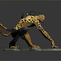 Humanoid Leopard With Yellow Spotted Fur Black Pants Blue Arm Tattoo Crouching On Stone Platform