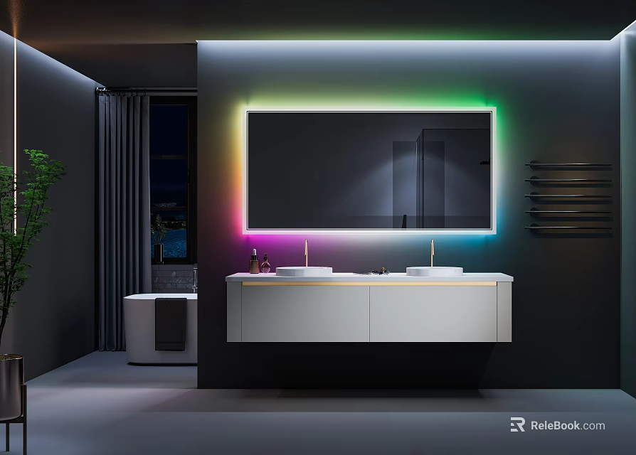 Modern Bathroom Interior With Colorful LED Mirror Double Sinks And White Vanity 3d model 