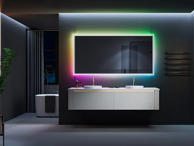 Modern Bathroom Interior With Colorful LED Mirror Double Sinks And White Vanity 3d model