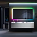 Modern Bathroom Interior With Colorful LED Mirror Double Sinks And White Vanity