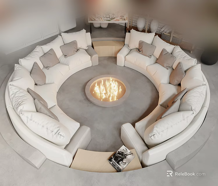 Modern Round White Sofa and Coffee Table Set With Cozy Pillows and Central Fireplace 3d model 